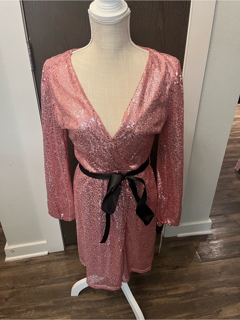 Maison Tara Rose Pink Sequin Wrap Dress with Black Satin Belt